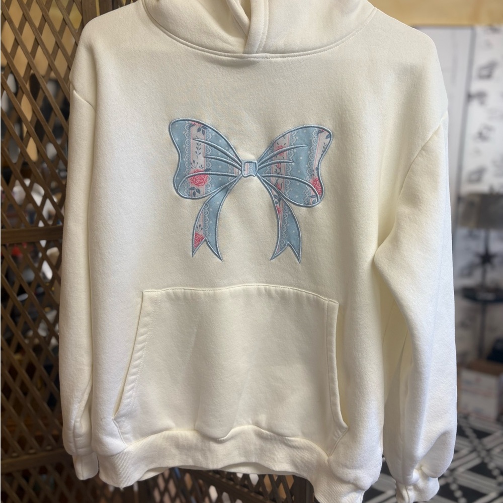 Altar'd State Cream Hoodie with Embroidered Blue Bow Size Small